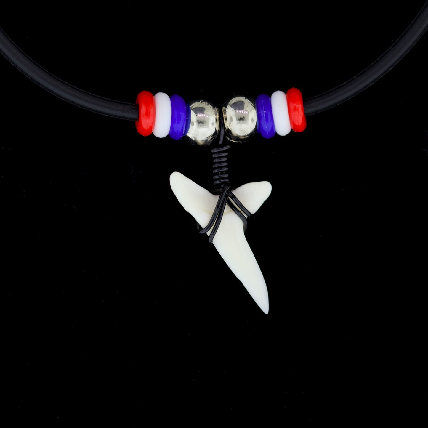 7/8" Modern Mako Shark Tooth Necklace – Red, White & Blue Beaded Cord