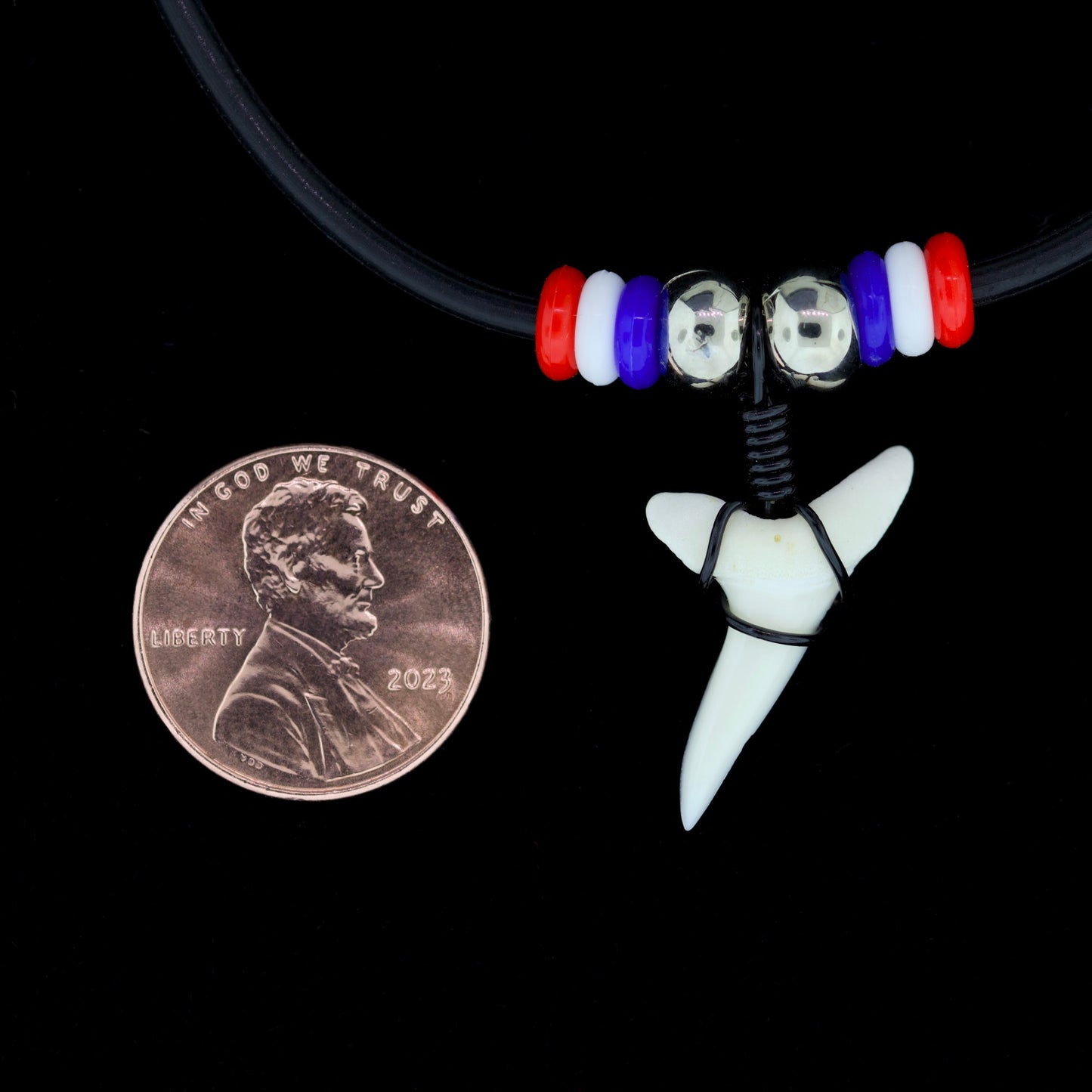 7/8" Modern Mako Shark Tooth Necklace – Red, White & Blue Beaded Cord