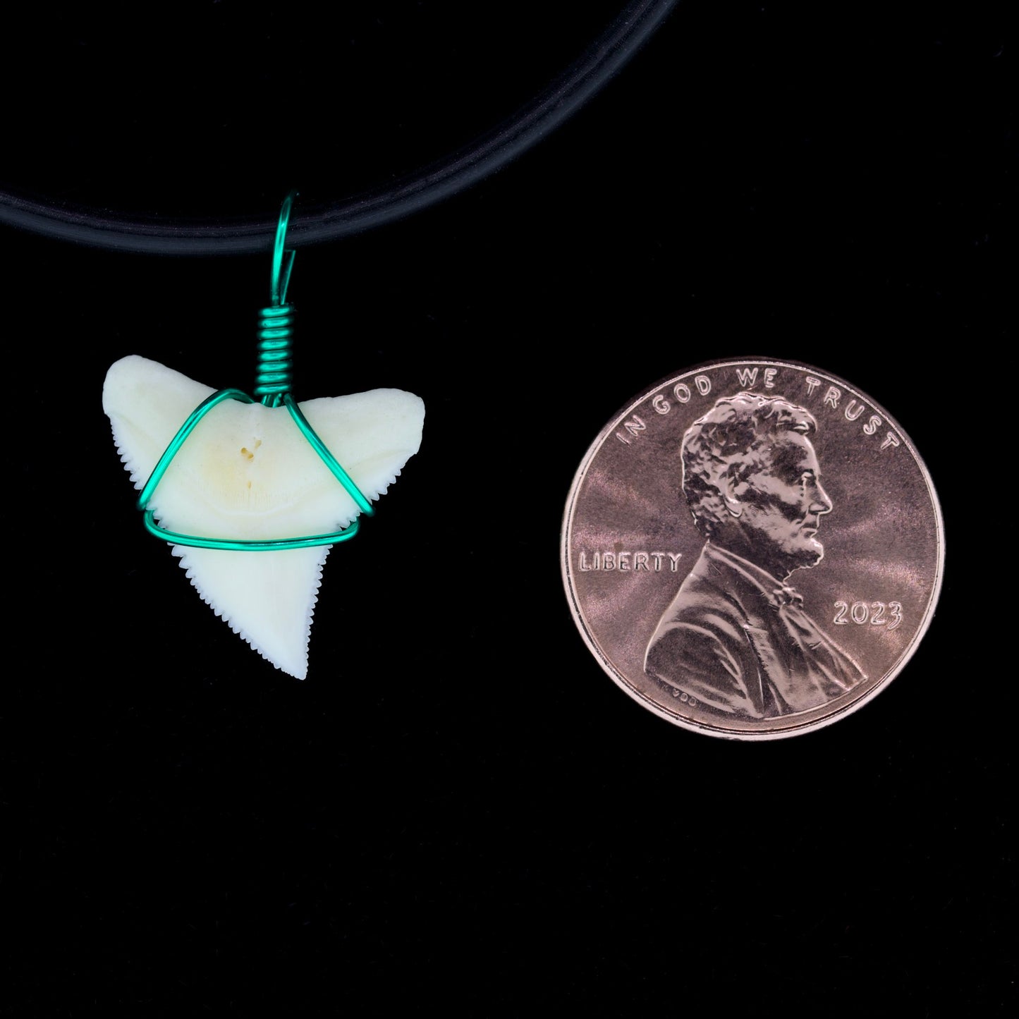 5/8" Modern Bull Shark Tooth Necklace – Color Wire-Wrap, Silicone Cord