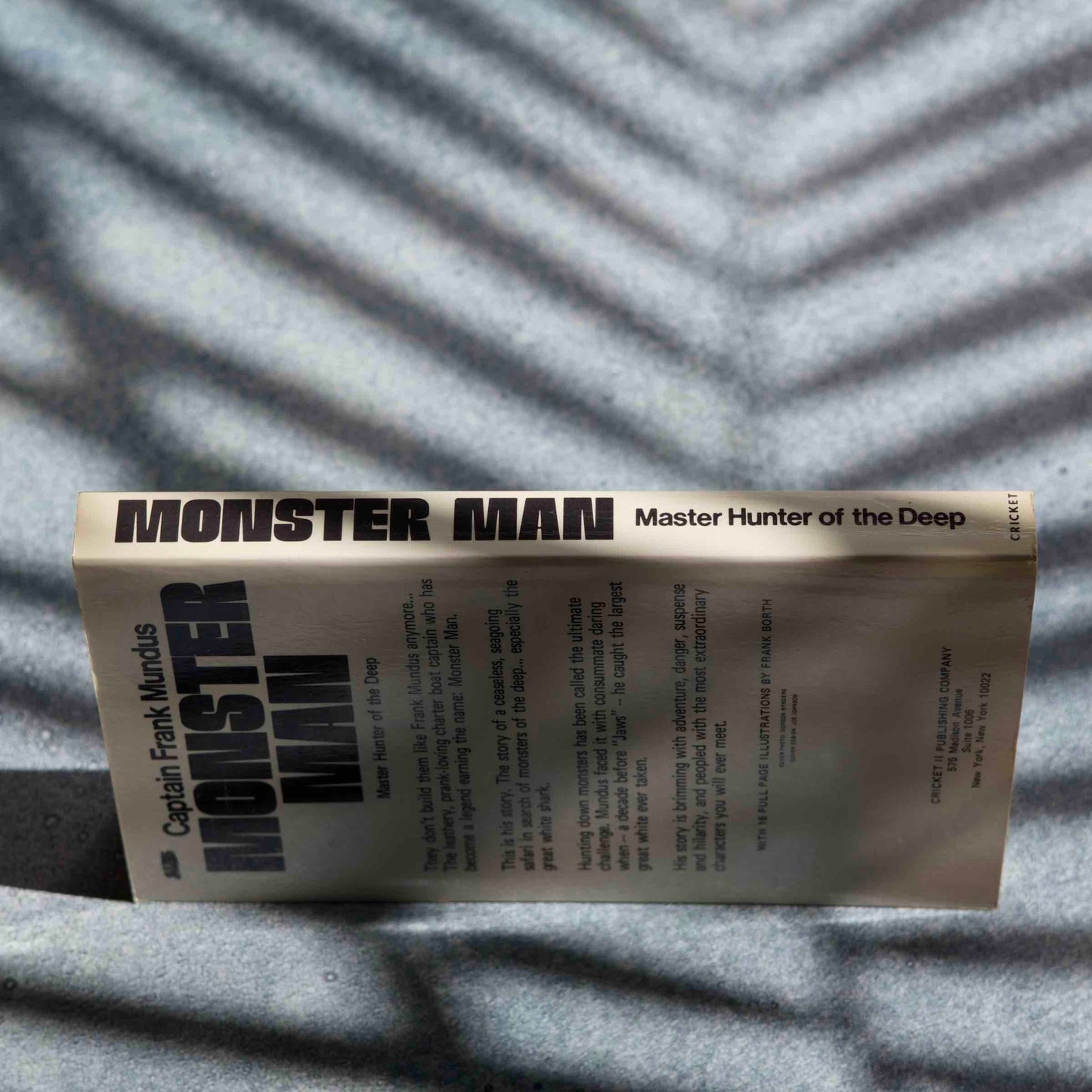 Book titled 'Monster Man' on a textured surface with shadows