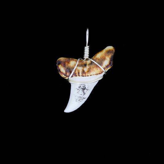 1-1/2" Modern Mako Tooth Pendant, Burnt Root & Scrimshaw