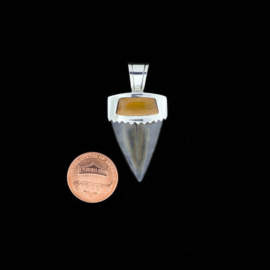 Fossil mako shark tooth pendant with silver and tiger's eye inlay on a black background, next to a penny for scale.