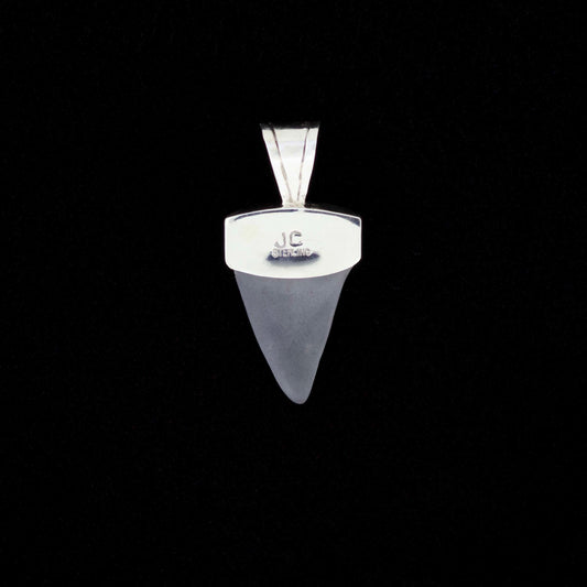 Fossil mako shark tooth pendant with blue turquoise and black onyx inlay on a black background