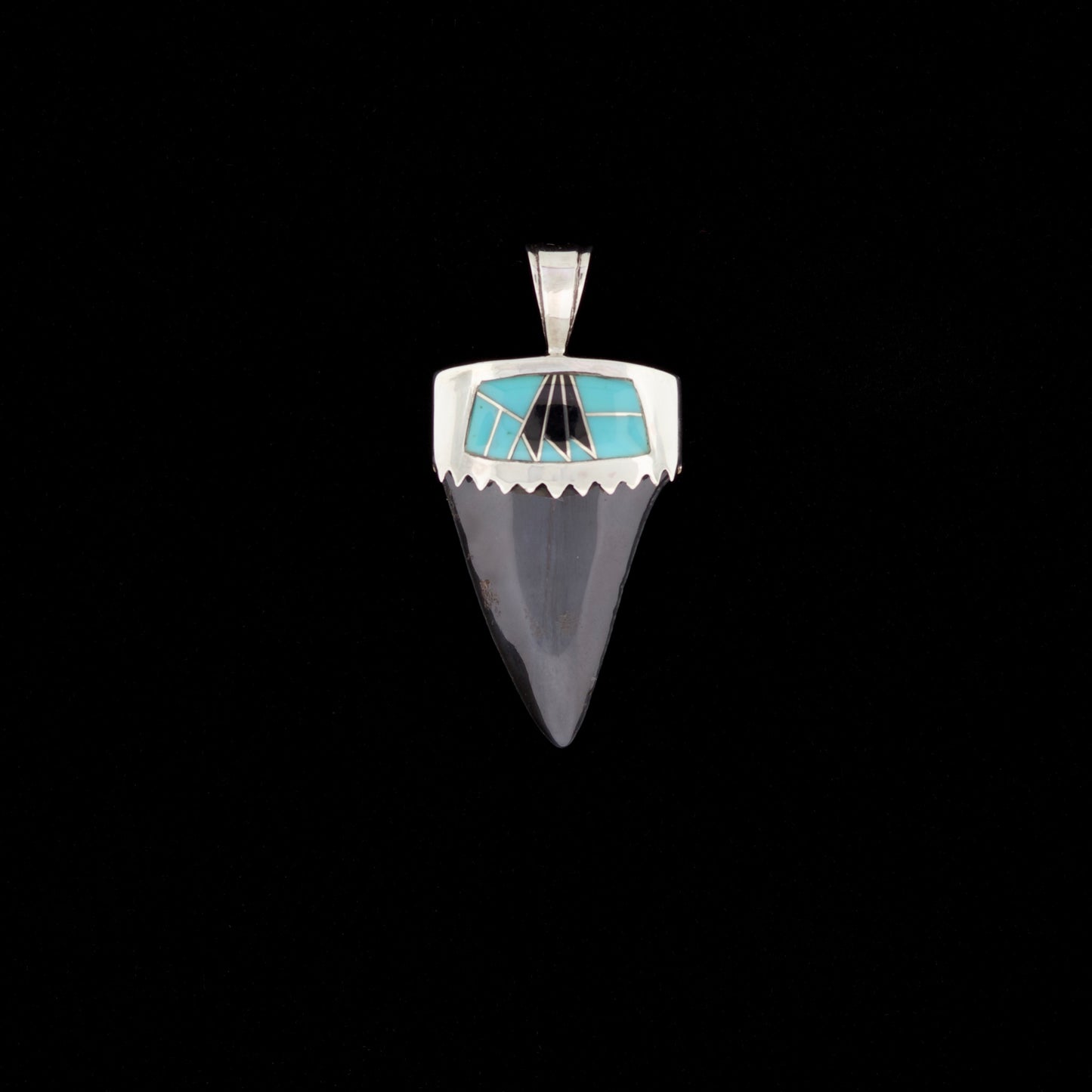 1⅜" Fossil Mako Shark Pendant | Sterling Silver, Turquoise & Onyx