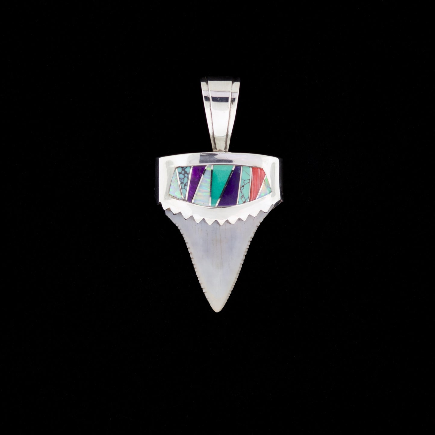1-5/8" Fossil Great White Tooth Pendant | Sterling Silver, Multi-Stone
