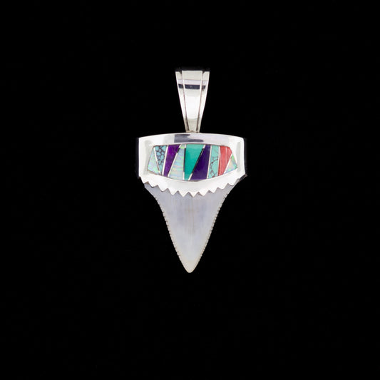 1-5/8" Fossil Great White Tooth Pendant | Sterling Silver, Multi-Stone