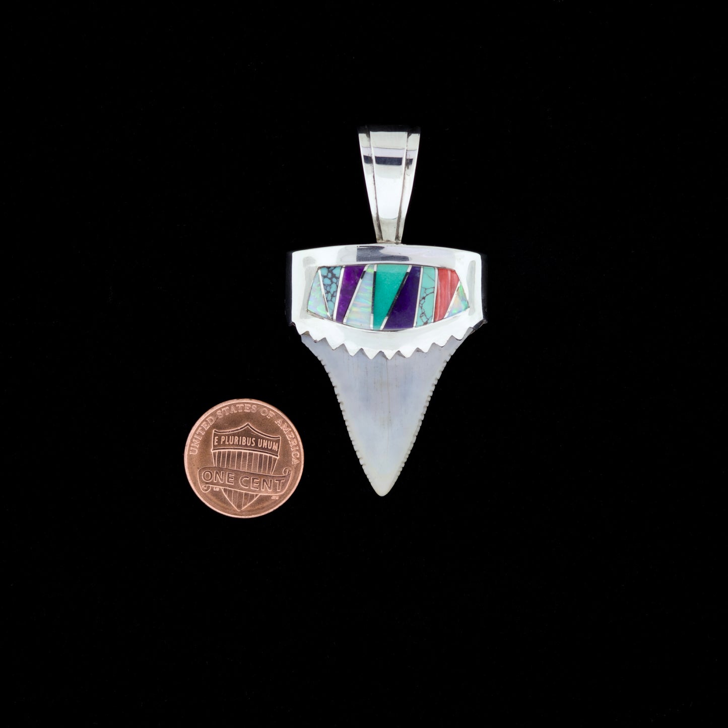 1-5/8" Fossil Great White Tooth Pendant | Sterling Silver, Multi-Stone