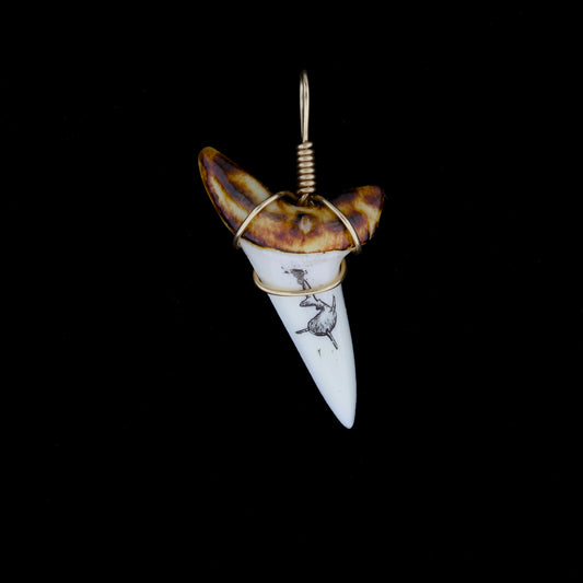 1-5/8" Modern Mako Tooth Pendant, Burnt Root & Scrimshaw